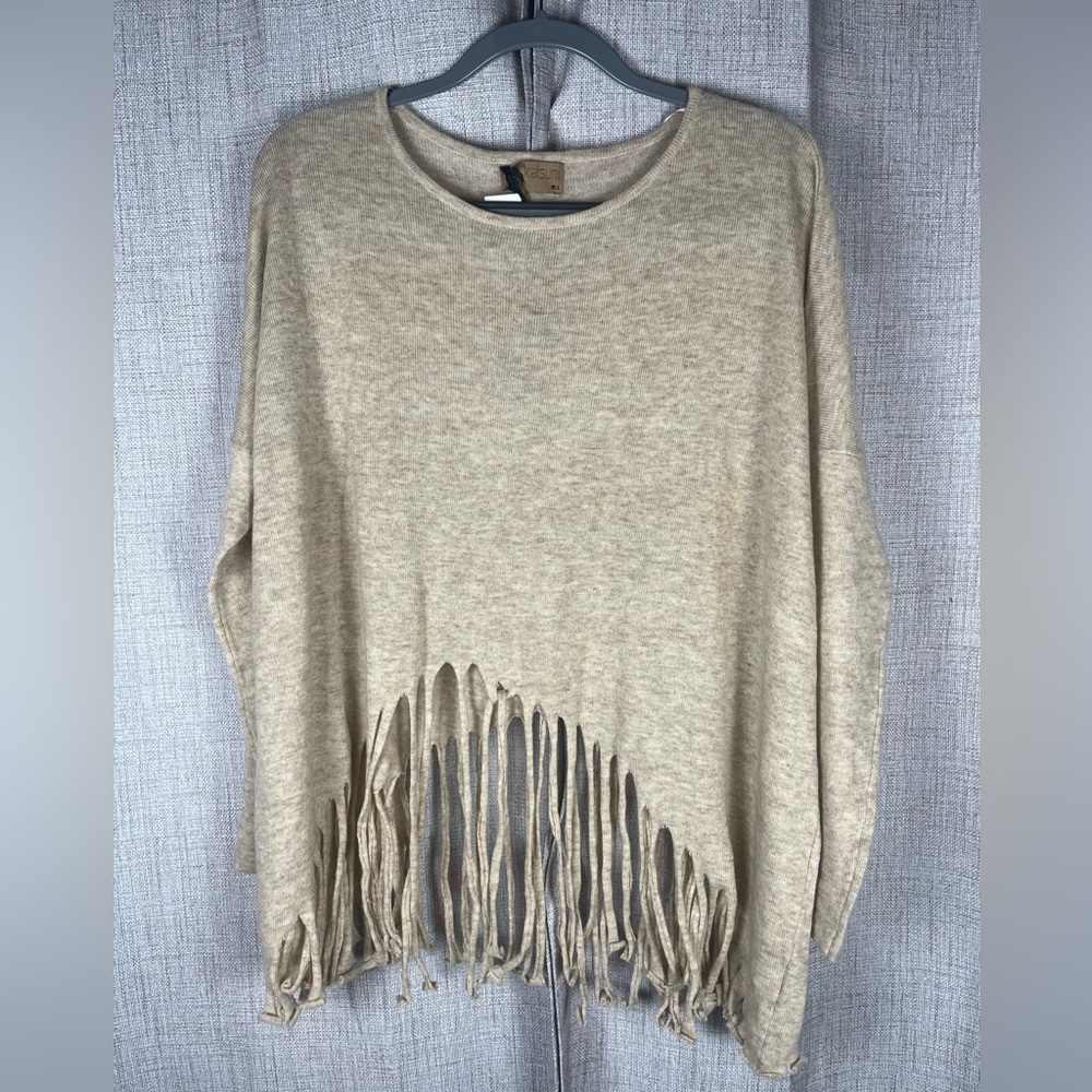 KATSUMI Sweater Top Long Sleeve Camel Knit Fringed Hem NWT